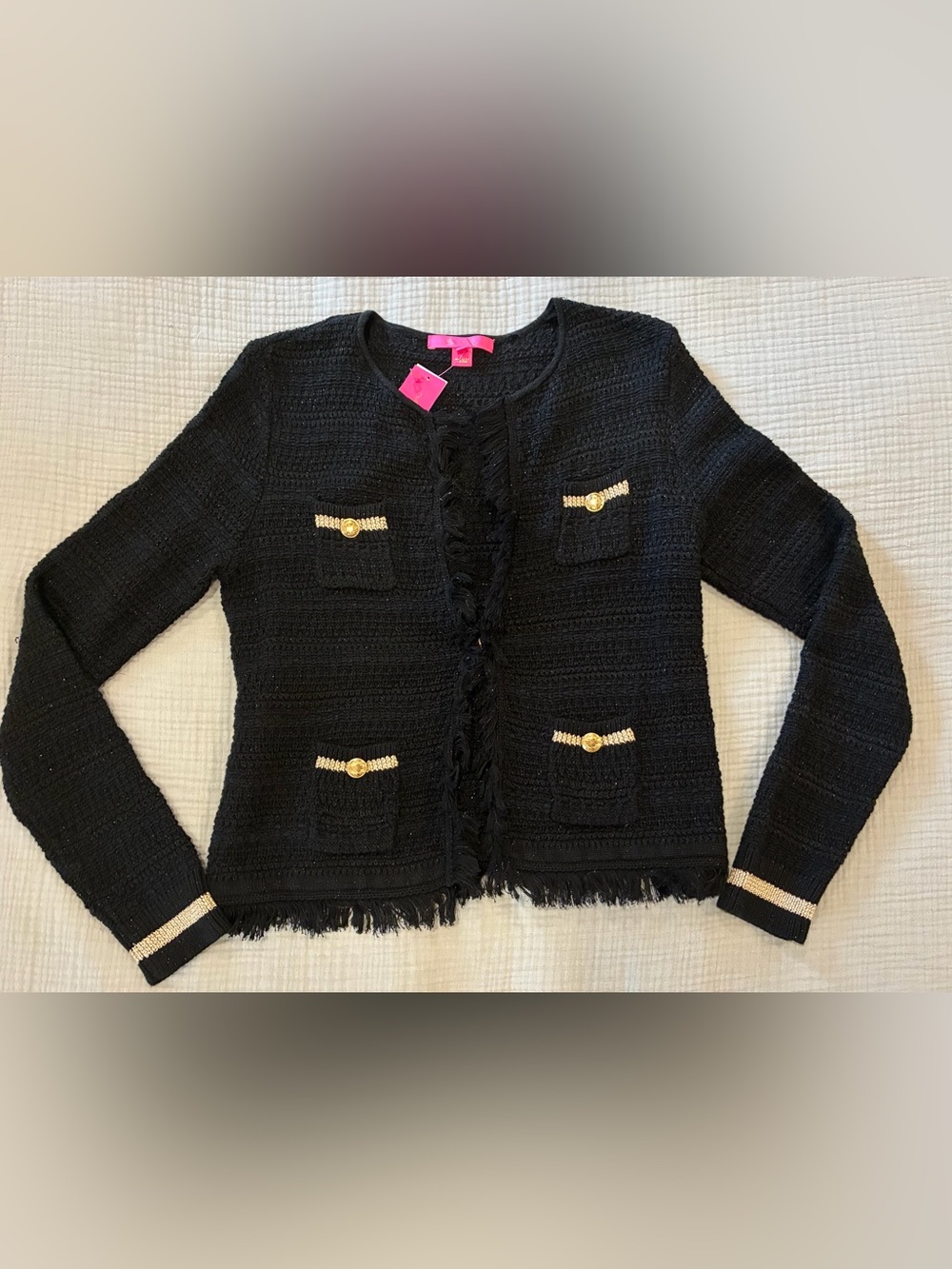 Lilly Pulitzer Black Metallic Tweed-Style Fringe Cardigan